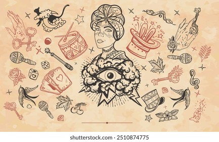 Circus. Fortune teller woman, magic trick, rabbit in a magician hat. Old paper vector. Cover page template. Art background. Medieval manuscript style