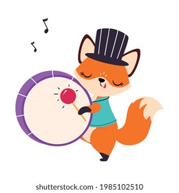 Circus Fox Animal in Top Hat Beating Drum Performing Trick Vector Illustration