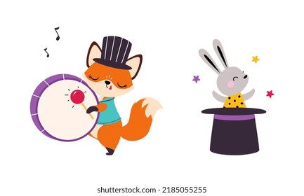 Circus Fox and Hare Animal Playing Drum and Sitting in Top Hat Performing Trick Vector Illustration Set