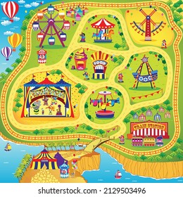 Circus fun fair illustration with clown and amusement park for kids play mat and roll mat design