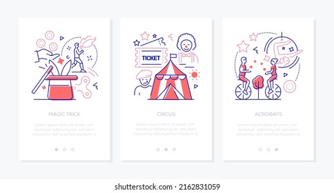 Circus and fun fair - line design style banners set with place for text. Magic show, performance, clown, rabbit in a hat, jugglers, gymnastics, acrobatic stunts. Carnival and festive event idea