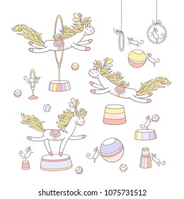 Circus is fun. Sweet pony and mouse are making circus. Little horse girl and mouse are jumping through the ring, balancing on circus stands and playing balls. Hand drawn set of cute elements.