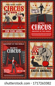 Circus And Funfair Arena Show, Vector Vintage Retro Posters. Welcome To Circus Shapito Performance With Seal Juggling And Elephant Balancing On Ball, Strongman And Tight Rope Walking Equilibrist