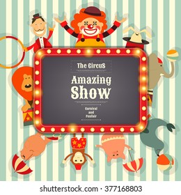 Circus Funfair and Carnival Advertisement with Place for Text. Cartoon Style. Circus Animals and Characters. Vector Illustration.