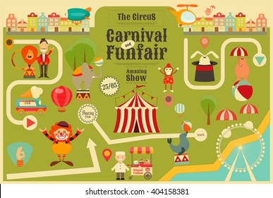 Circus Funfair and Carnival Poster on City Map in Vintage Style. Cartoon Style. Circus Animals and Characters. Vector Illustration.