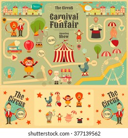 Circus Funfair and Carnival Poster in Vintage Style. Cartoon Style. Circus Animals and Characters. Vector Illustration.