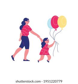 Composición del circo funicular con carácter de niña pequeña con globos e ilustración del vector madre
