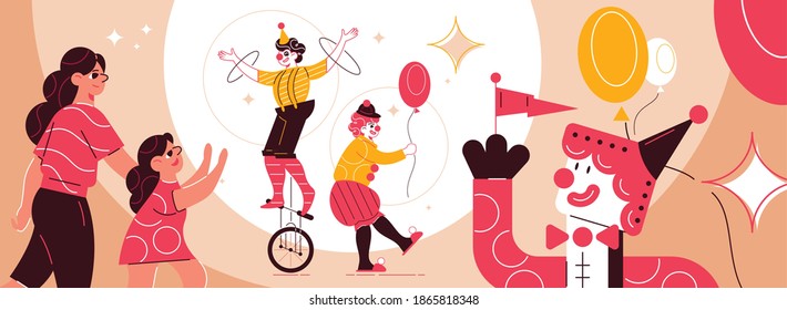 Circus funfair composition with characters of mother and daughter visiting festival with balloons and clowns equilibrists  vector illustration