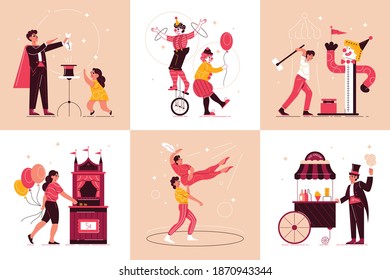 Circus funfair design concept with set of square compositions with characters of circus performers and visitors vector illustration