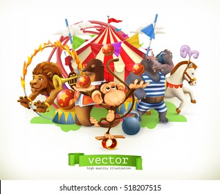 Circus, funny animals. Monkey, lion, horse, hippo. 3d vector