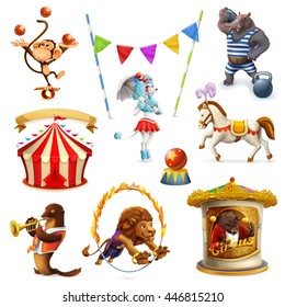 Circus, funny animals, set of vector icons, mesh