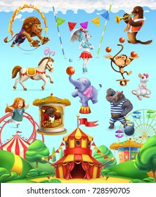 Circus funny animals, set of vector icons. 3d vector icon set