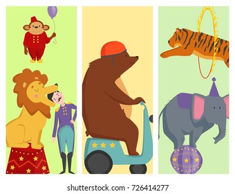Circus funny animals vector cheerful cards design zoo entertainment magician performer carnival illustration