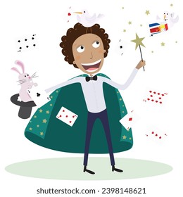 A circus funny boy magician playing with card, doves and rabbit. Vector illustration.