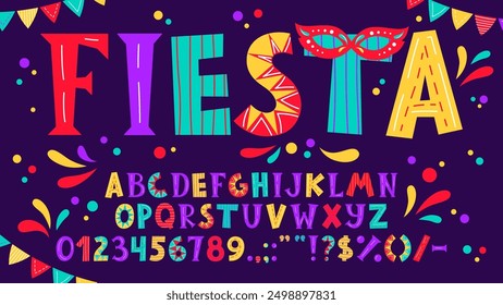 Circus funny font, carnival typeface, doodle cute type, kids English alphabet. Cartoon vector fiesta themed abc letters, signs and numbers set, featuring playful festive party lettering style