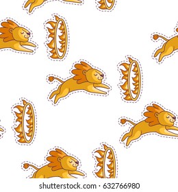 The circus. The funny lion jumping through the fire ring. The vector seamless pattern with the cute animals.