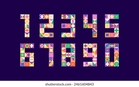 Números geométricos de circo. Ilustración vectorial de los signos matemáticos multicolores sobre fondo azul oscuro. 