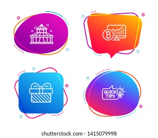Circus, Gift and Bitcoin chart icons simple set. Education idea sign. Attraction park, Present, Cryptocurrency statistics. Quick tips. Business set. Speech bubble circus icon. Vector