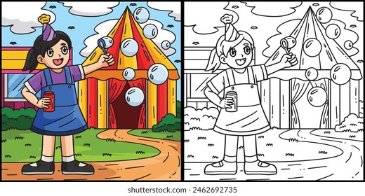 Circus Girl Blowing Bubbles Colored Illustration