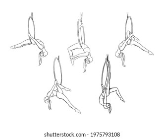 Circus girl gymnast performing air dance. Aerial acrobat isolated in white background. Sketch vector illustration