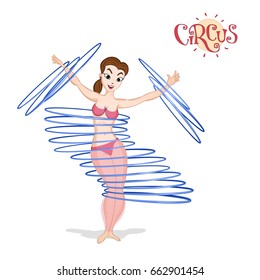 A circus girl in pink bikini spinning the hulahoops. Drawn in cartoon style.