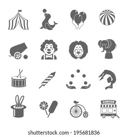 Circus graphic pictograms of juggling sealion acrobat stunt collection black icons set isolated vector illustration