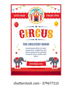 Circus greatest show poster template. Cartoon vector illustration.