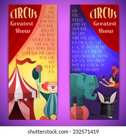 Circus greatest show vertical banner set with clown elephants juggler isolated vector illustration