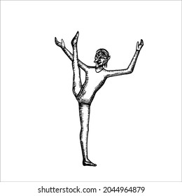 circus gymnast with an old woman's face raised leg - vector drawing in engraving style. witch in gymnast costume, halloween concept in circus 