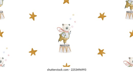 Circus hand painted performance with  animals, childish hand painted illustration, seamless pattern, endless background. Perfect for nursery, textile, design, print, wrapping paper