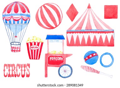 Circus. Hand-drawn set with circus elements. Vector illustration. Traced painting