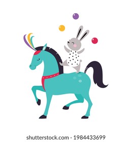 Ilustración de vectores de trucos para mostrar el equilibrio entre animales y malabarismos con bolas que vuelan a caballo