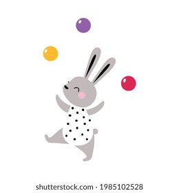 Circus Hare Animal Juggling with Colorful Balls Performing Trick Vector Illustration