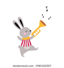 Circus Hare Animal Walking and Playing Trumpet Performing Trick Vector Illustration