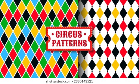 Circus harlequin patterns, rhombus lozenge pattern. Vector carnival bright multicolor seamless venetian ornament. Argyle classic fabric design. Diamond simple background. Joker geometric wallpaper