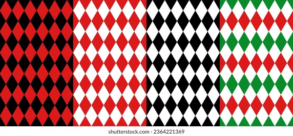 Circus harlequin patterns. Rhombus lozenge pattern of carnival or chapiteau vector background. Color diamond geometric shapes seamless ornaments set, circus clown, joker or harlequin backdrops