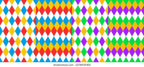 Circus harlequin Muster, rhombus lozenge Muster. Vektornahtlose Hintergründe von Karnevalclown und Jokerdiamanten-Ornament. Geometrische Formen des blauen, grünen, roten, weißen und gelben Hintergrund