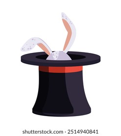 Circus hat concept. Cap with rabbit. Entertainment and fun, leisure. Amusement park and attraction. Magic trick. Performance of illusionist. Flat vector illustration isolated on white background