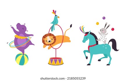 Circus Hippo And Lion Animal Jumping Through Hula Hoop And Balancing On Ball Performing Trick Vector Illustration Set