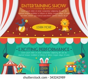 Circus horizontal banner set with entertaining show flat elements isolated vector illustration