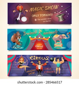 Circus Horizontal Banner Set With Magic Show And Animals Alvertising Isolated Vector Illustration