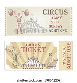 Circus horizontal tickets front side. Vector templates in vintage style with hand drawn sketches.