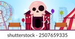 Circus of horrors. A man offers to enter a scary house with a large skull. Theme amusement park. Terrifying Carnival. Halloween. Balloons. Evil atmosphere. Horizontal banner. Vector illustration.