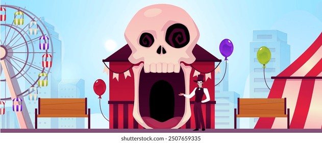 Zirkus des Schreckens. Ein Mann bietet an, ein gruseliges Haus mit einem großen Schädel zu betreten. Thema Vergnügungspark. Schrecklicher Karneval. Halloween. Ballons. Böse Atmosphäre. Horizontales Banner. Vektorgrafik.