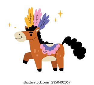 Circus Horse Animal with Bright Feathers in Mane Vector Illustration