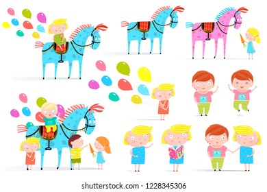 Circus Horse and Kids Clip Art Collection. Group of little kids playing with circus horse and balloons set.