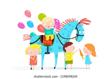 Circus Horse and Kids Holiday. Fun Group of little kids playing with circus horse and balloons.