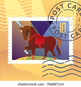 Circus horse. Vector cartoon illustration. Stamp. Mark. Postage card.