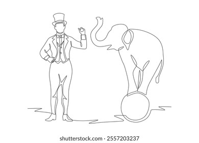 Circus host and elephant on ball. Night market concept one-line drawing