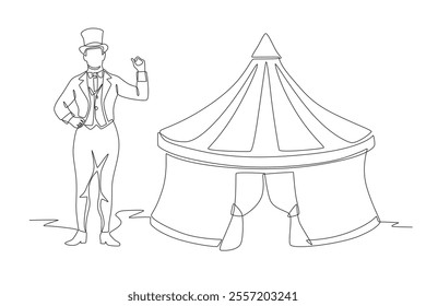 Circus host next to circus tent. Night market concept one-line drawing